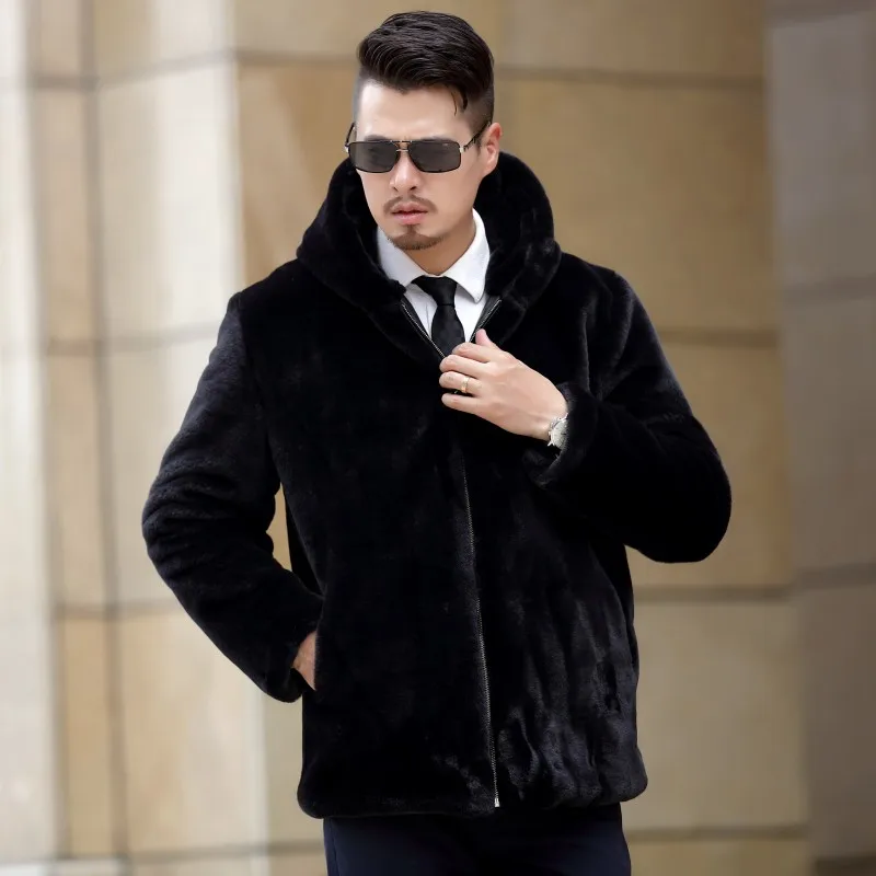 2023 New Hot Men Faux Coat Fur Mink Cultivating Zip Jackets Hooded Winter Male Fashion Eco Friendly Faux Fur Coat Jackets M40