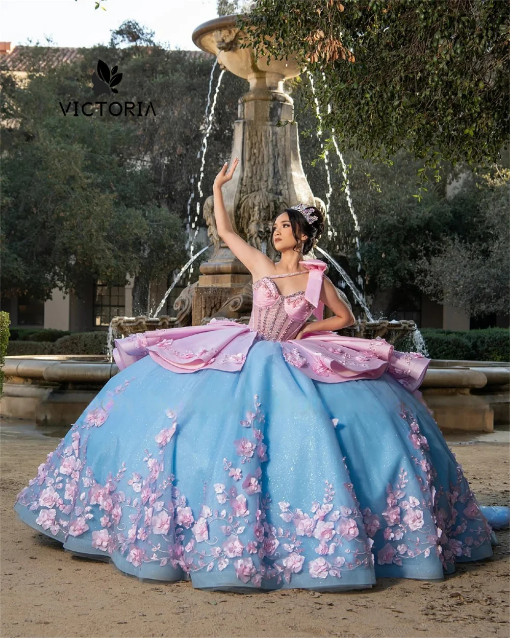 

Pink Flowers One Shoulder Sweetheart Quinceanera Dress Appliques Lace- up Ball Gown 15 Year Old Dress Graduation Customized