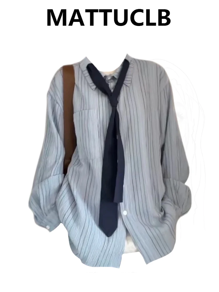 

2025 Autumn Winter Women American Retro Striped Shirt Long Sleeve Blouse Preppy Style Tops 2000s Kpop Tide Oversize Harajuku New