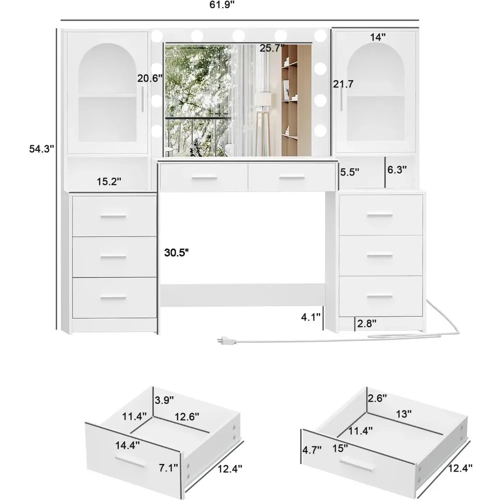 Vanity Desk with Mirror & Lights, Charging Station, 8 Drawers and Side Cabinet, 3 LED Light Modes, Large Make Up Vanity Desk