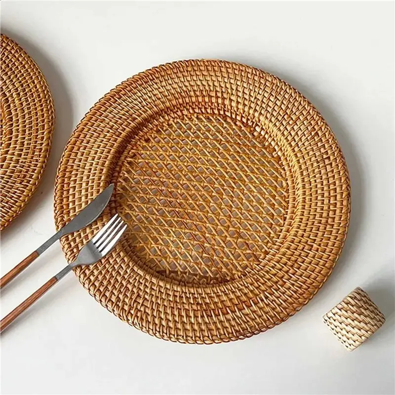 ABXF-4Pcs 13 Inch Handmade Natural Rattan Plate Decorative Round Placemat Bread Snack Serving Tray Table Decor