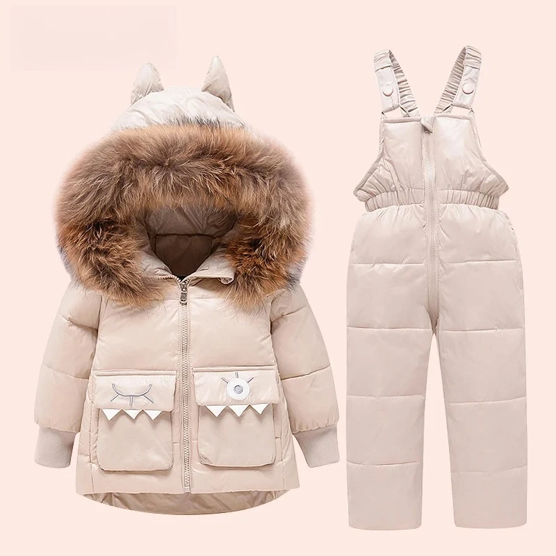 ZOETOPKID 2PCS Winter Overalls + Jacket for Girls Boys Outerwear Duck Down Warm Baby Child Toddler Snowsuit Shiny Parka Suit