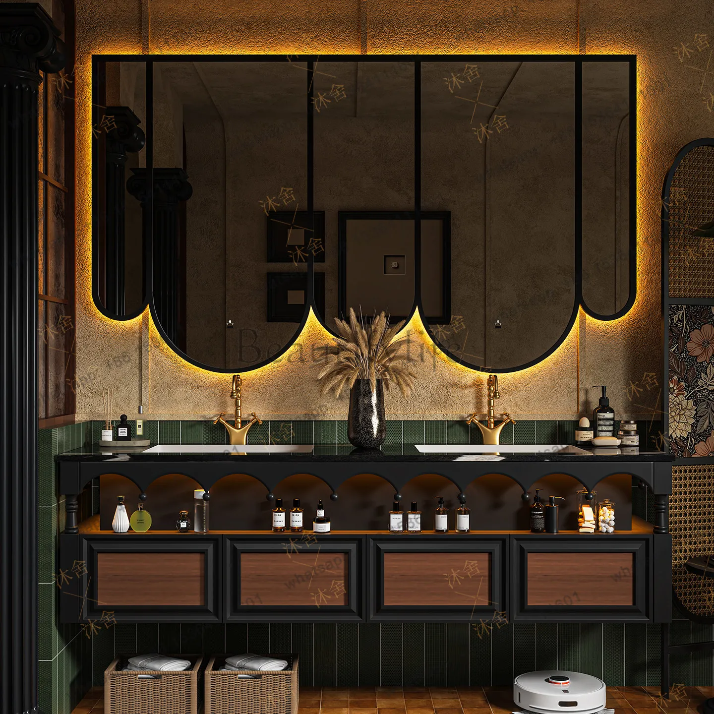 

French vintage oak floor-standing bathroom cabinet combination washbasin smart mirror cabinet combination