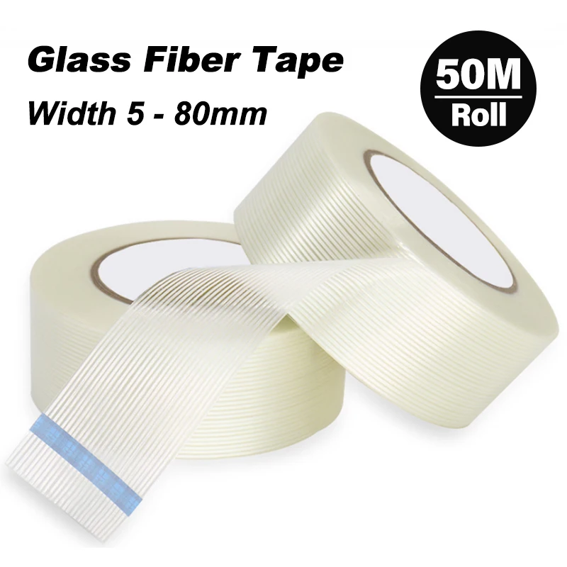 50M/Roll Width 5 - 80mm Glass Fiber Tape Strapping Packaging Fixed Seal Transparent Striped Single Side Strong Adhesive Tapes