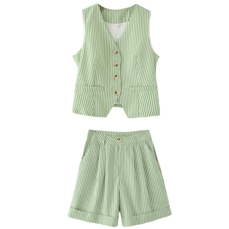 

Лето 2022. Женский комплект из модного полосатого жилета и ортопедического материала. Универсальный комплект со средней талией для всех случаев.