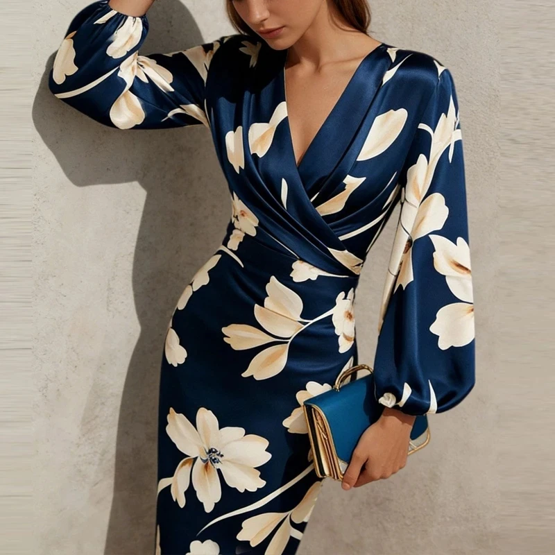 

Элегантное женское платье с V-образным вырезом и длинными рукавами, с цветочным принтом, приталенное, с завышенной талией, для офиса и торжественных мероприятий