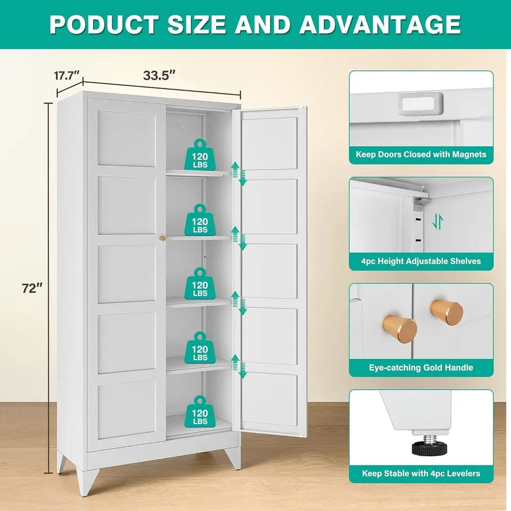 Wide & Deep Pantry Storage Cabinet with 2 Doand 5 Shelves,72 inch Tall Metal Storage Cabinet,Large Cupboard,White Cabior Home,Ki