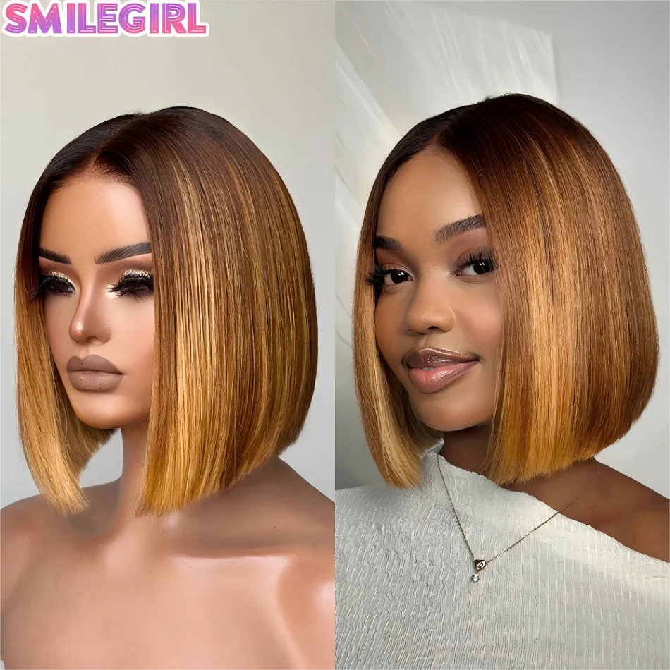 

Парик Bob Wig из 100% натуральных человеческих волос, прямой, омбре, коричневый с медово-блонд хайлайтами, короткий, 5x5 HD кружевной парик, бразильский, без клея, готовый к носке, 10 дюймов
