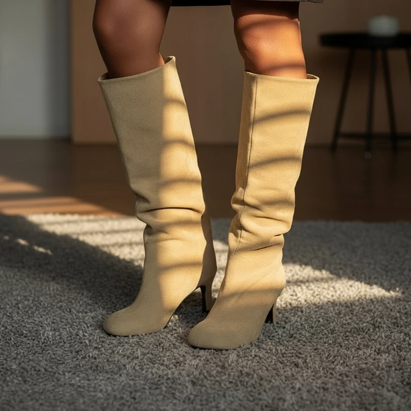 

Зимние женские сапоги до колена в уличном стиле в стиле панк, тонкий высокий каблук с круглым носком, острые шикарные длинные ботильоны, мода Zapatos De Mujer