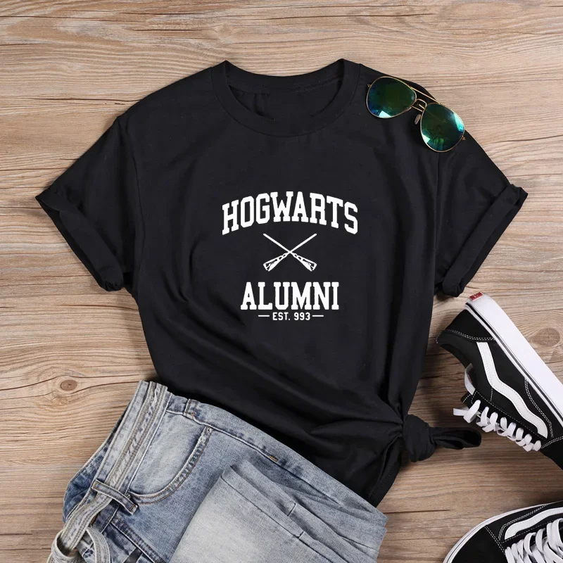 Camiseta Harajuku para mujer, camiseta negra y blanca de moda Hogwarts, camiseta informal de verano con mangas estilo Harajuku, ropa estética