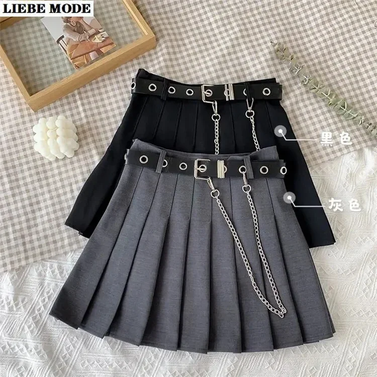 

Women High Waist Pleated A Line Mini Skirts Japanese Style Harajuku Cute Kawaii School Girls Sweet Short Skirt with Chain Belt