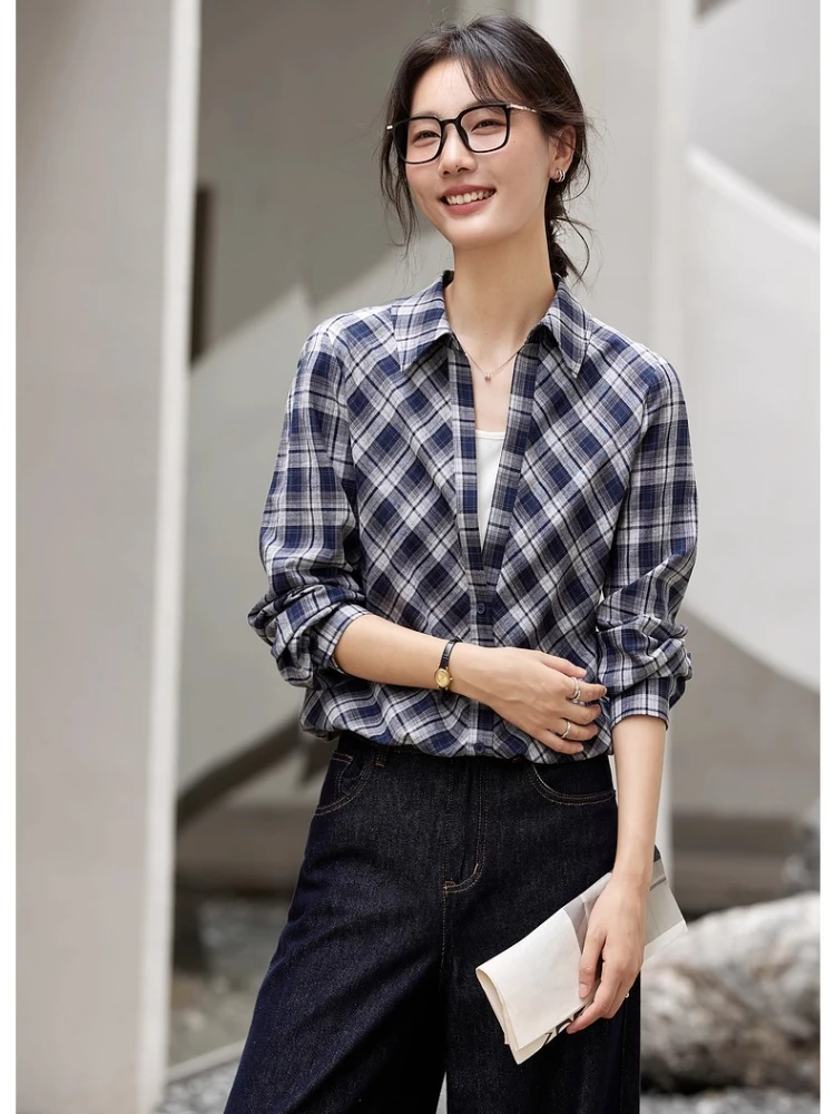 

VIMLY Elegant Women's Plaid Shirts Autumn 2025 Casual Long Sleeve Blouses Fashion Patchwork Turn-down Neck Loose Lady Tops A3030