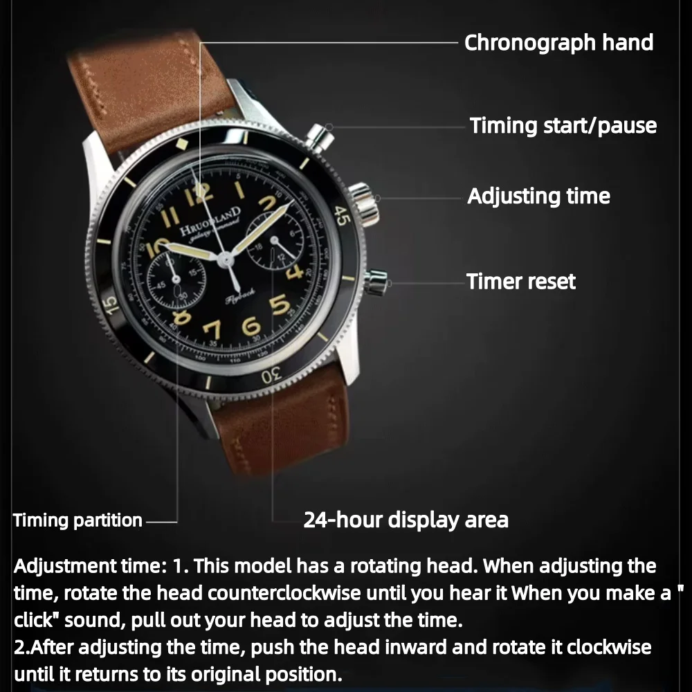 Hruodland 2025 신사용 쿼츠 시계 VK64 40mm F019 C3 축광 방수 100m 가죽 스트랩 스테인레스 스틸 Reloj Hombre