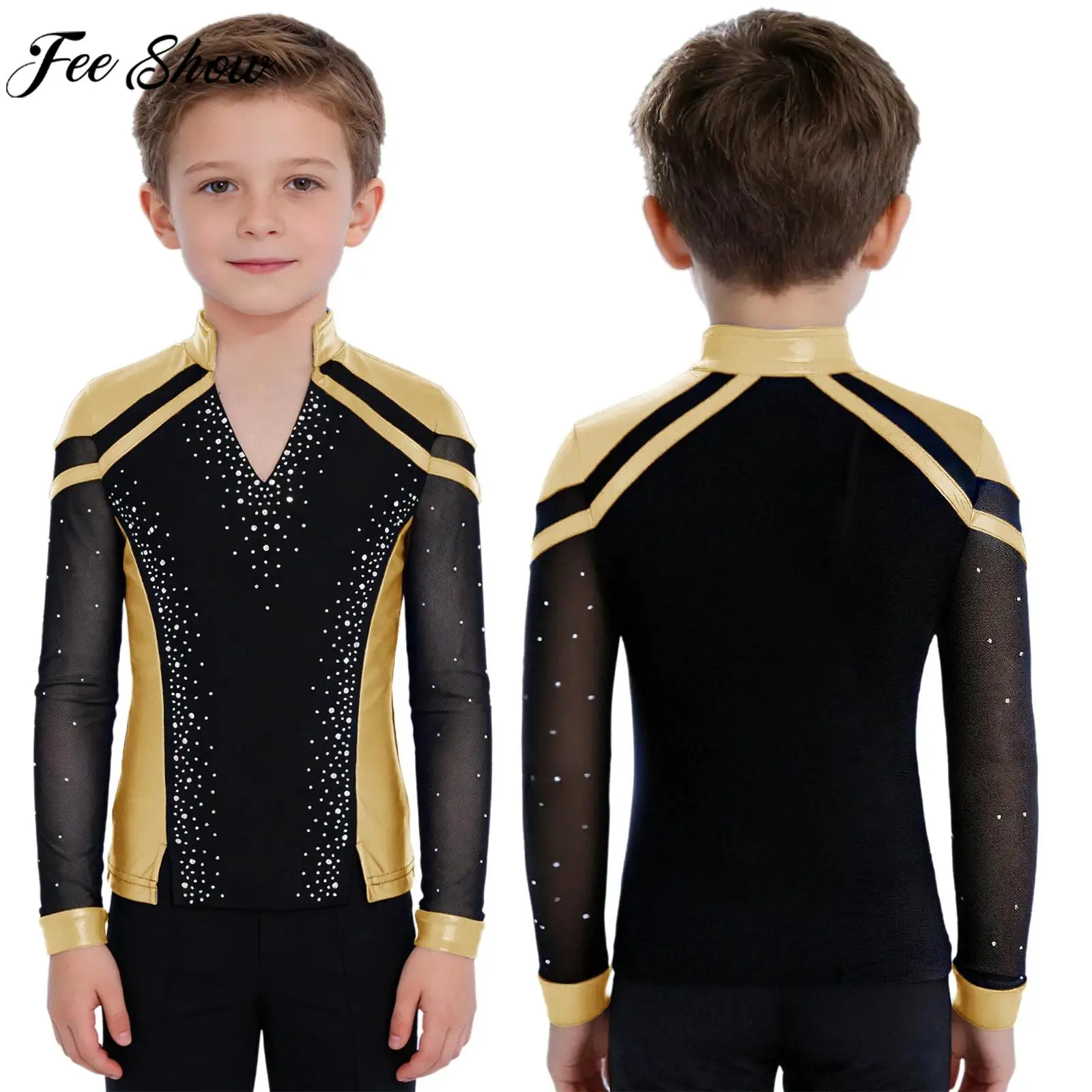 Kids Boys Figure Skating Dance Tops Sheer Mesh Long Sleeve Shiny Rhinestones Metallic T-shirt for Training Stage Performance