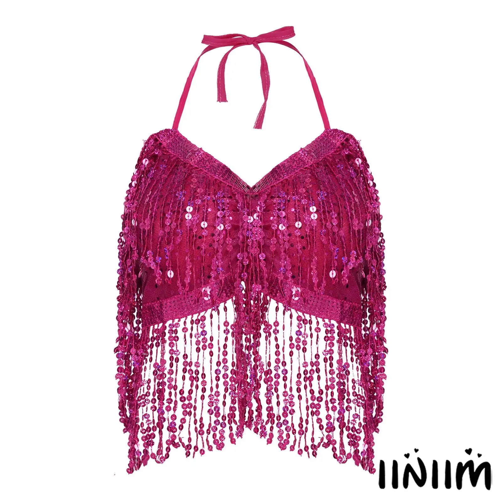 Womens Belly Latin Dance Performance Costume Elegant Female Sequined Tassel Backless Bra with Pad for Ballroom Dance Stage Party