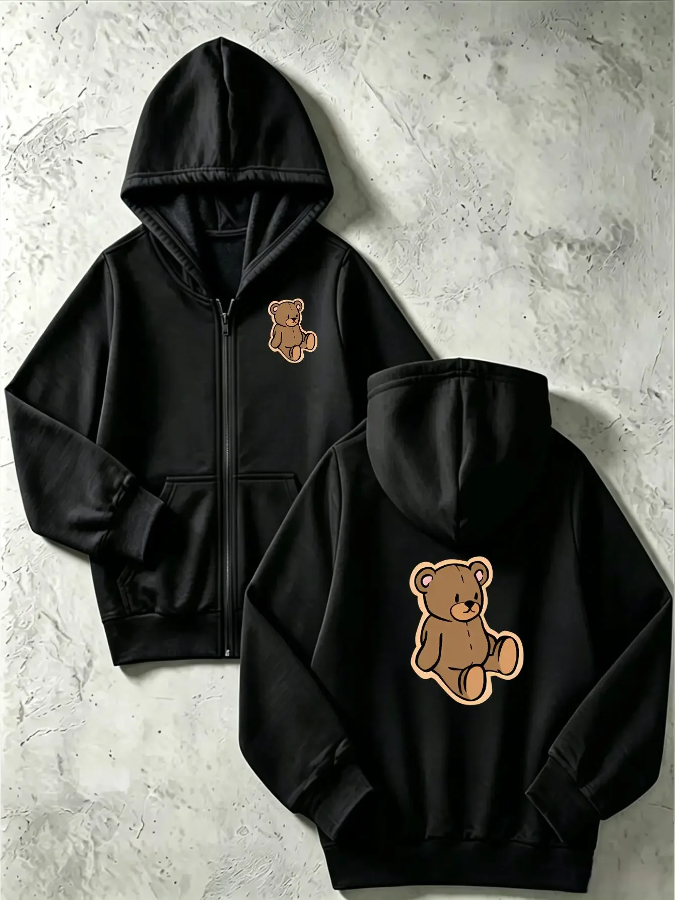 Kid Zip Hoodie Cute Sitting Cartoon Bear Sticker Style Graphic Print Loose Long Sleeve Hooded Jacket For Boy Girl Outerwear