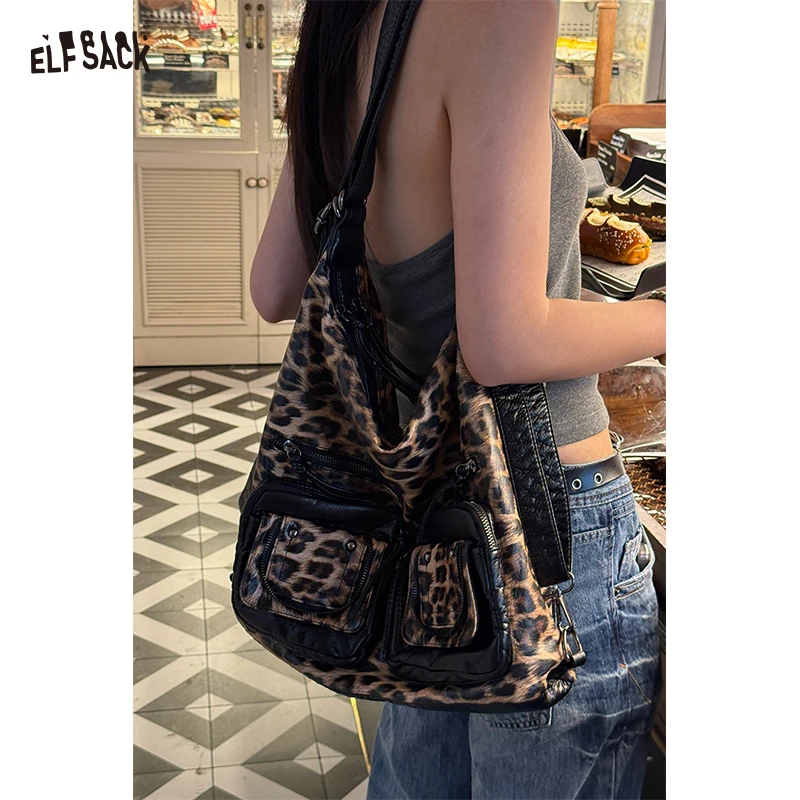 ELFSACK 2025 Summer New Arrival Vintage Washed Denim Tote Bag Fashion Large Capacity Shoulder Bag for woman
