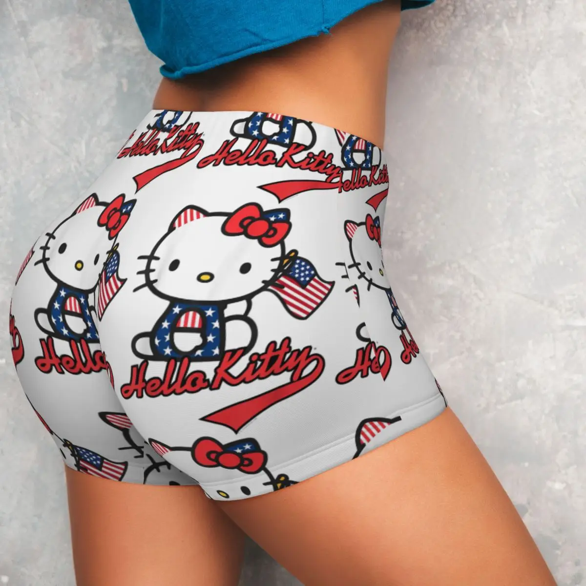 Hello Kitty American Flag High Waist Yoga Shorts for Women Cartoon Scrunch Fitness Workout Gym Pants