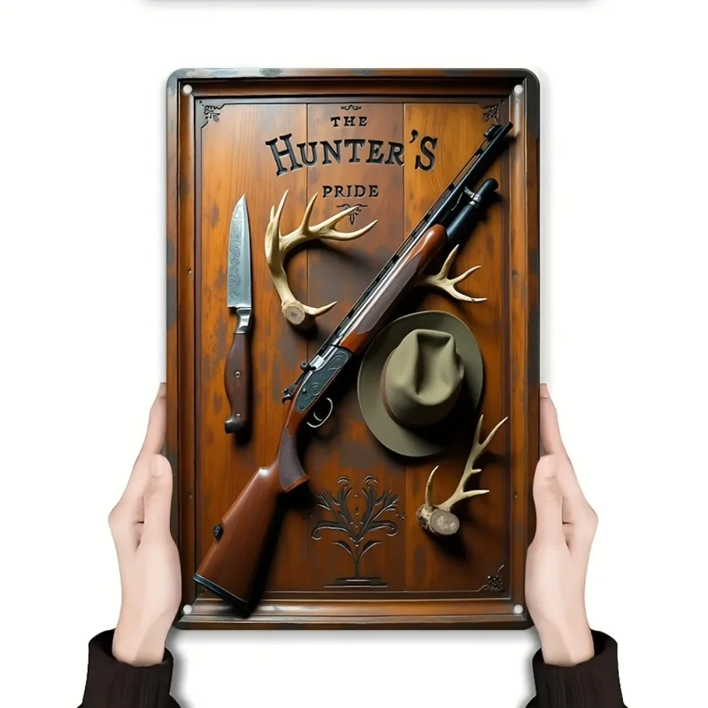 The Hunter's Pride Hunting Gun Antler Tin Sign - Vintage Durable Metal Plaque Wall Decor, Home Office Bar Man Cave Wall Art