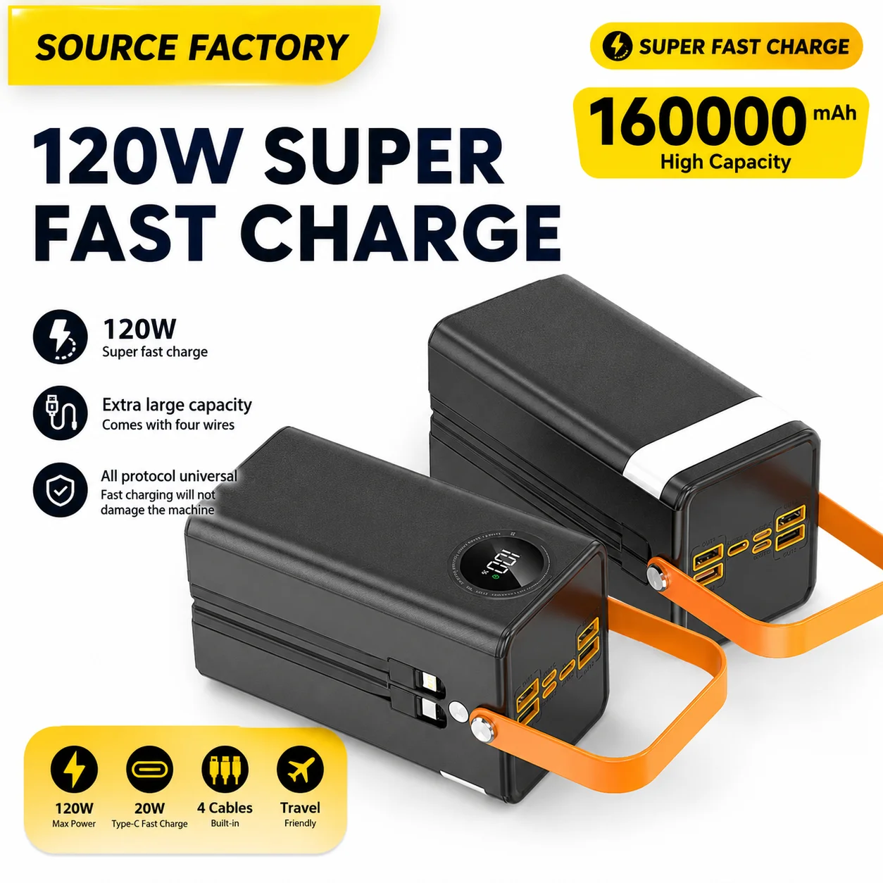 160000mAh 120W Super Fast Charging PowerBank Built-in Cables Large Capacity External Battery Outdoor Camping Mobile Power Supply