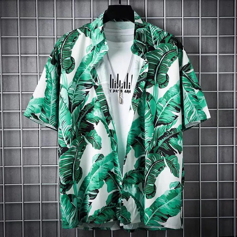 Loose Fit Outfit Tropical Leaves Print Hawaiian Style Shirt Shorts Set with Elastic Drawstring Waist Pockets Summer for Men