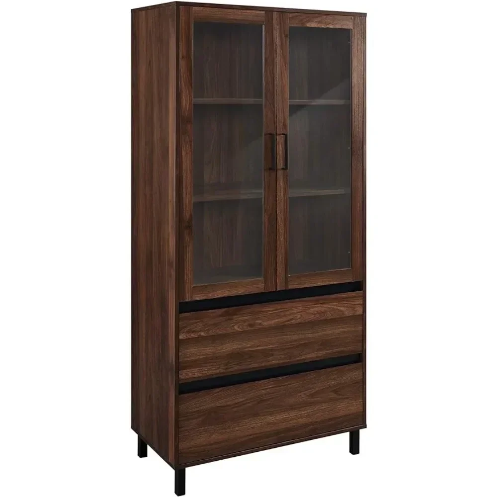 Furniture Company Glass Door Storage Hutch, 68 Inch, Dark Walnut