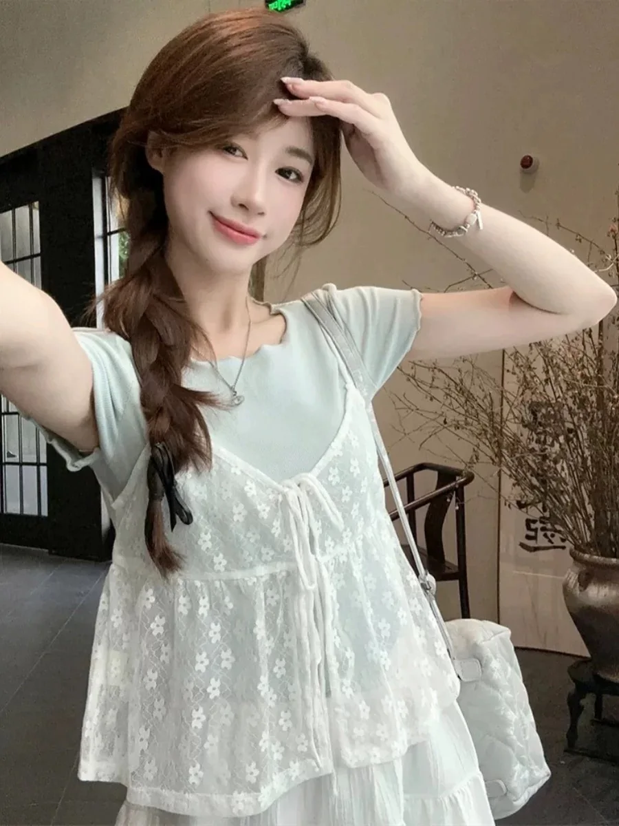 Korean Cute Petite Tie-Front Jacquard White Mesh Top Women Summer Sleeveless Camisole Top School Girls Lace Tank Top Cover Ups