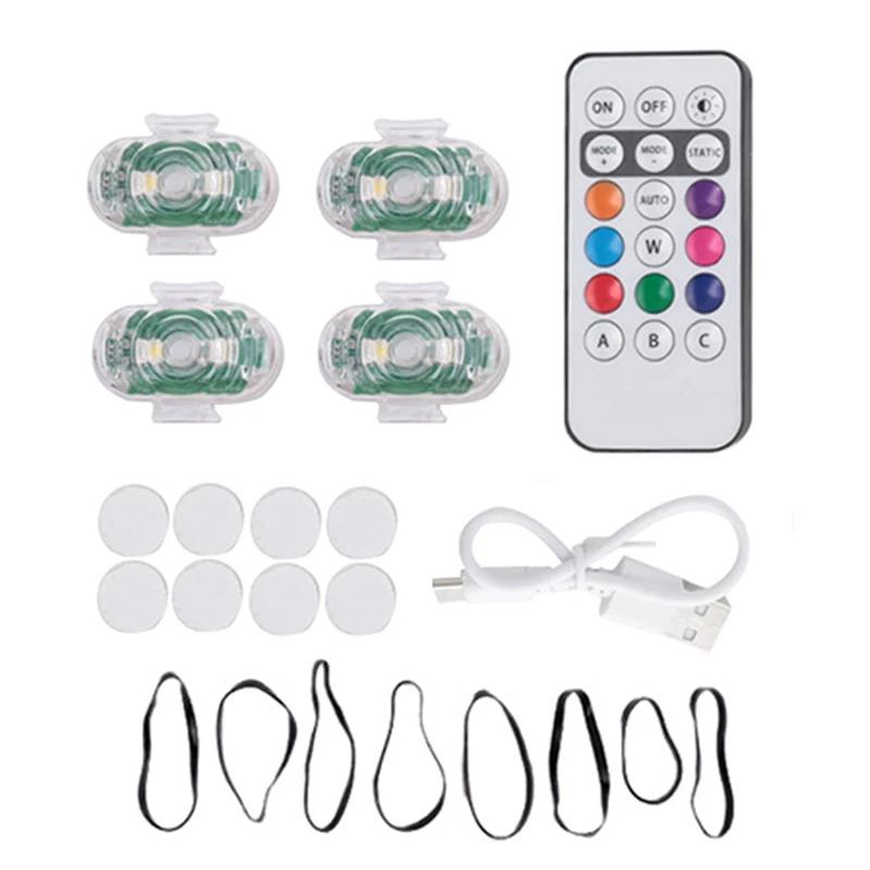 Luzes estroboscópicas FULL-LED com controle remoto, luzes noturnas anti-colisão, drone sem fio, 8 cores, carregamento USB, 4 pcs