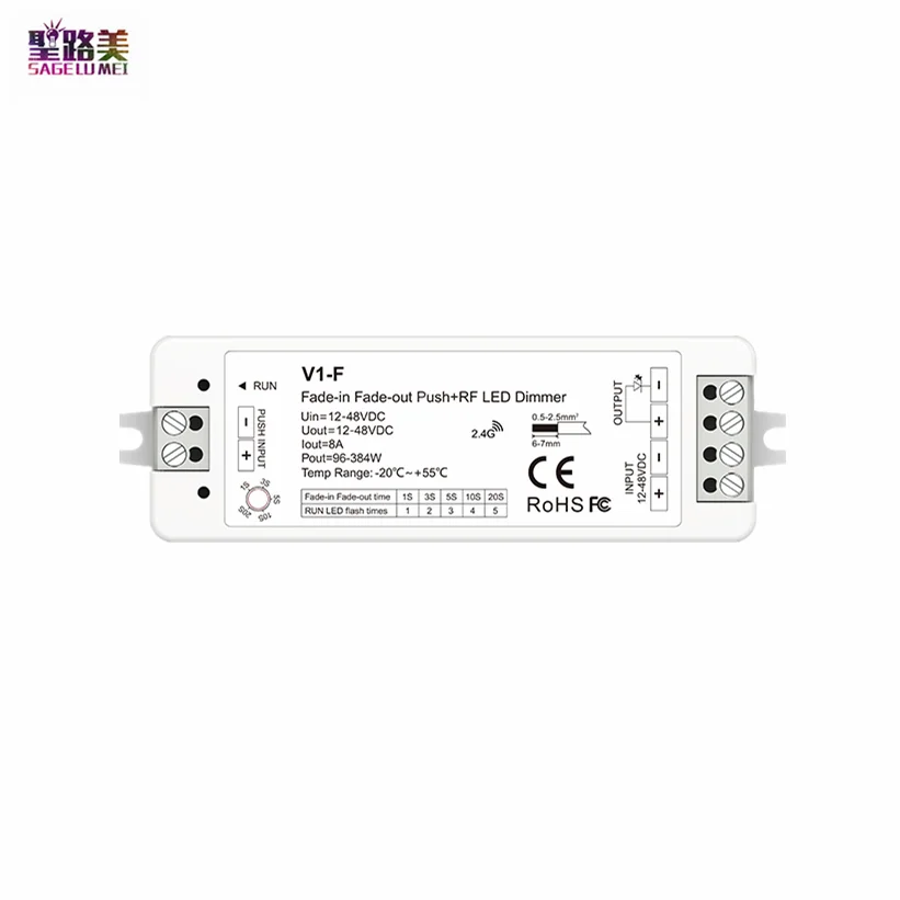 1CH*8A 12V-48VDC 24V CV Fade-in Fade-out LED Dimmer Push Dim V1-F 5 Fading Speed/Step-less Dimming For Single Color Strip Light