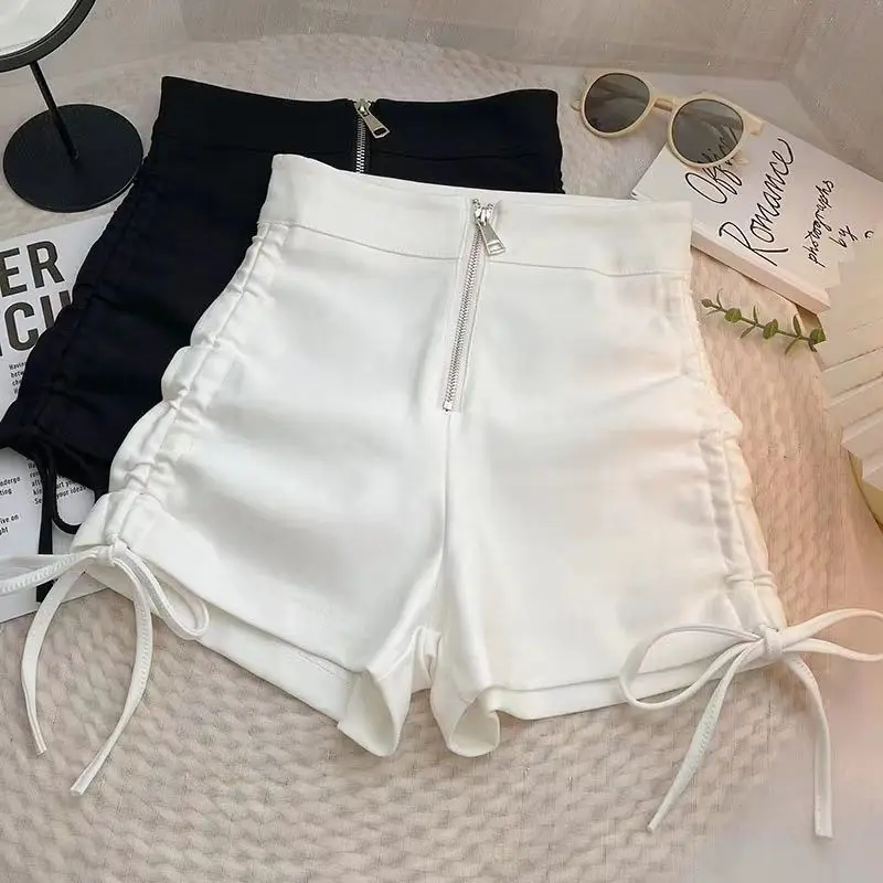 Women's High-Waisted Drawstring Shorts, Zipper Front Ruched Side Skinny Shorts, Casual Bodycon Short Pants In 2 Colors