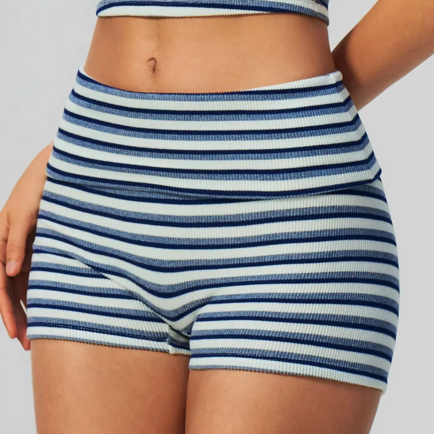 Stripes Yoga Shorts Women Fold Over Waist Gym Fitness Shorts Running Workout Shorts Female Pilates Tights Hip Lifting Yoga Short