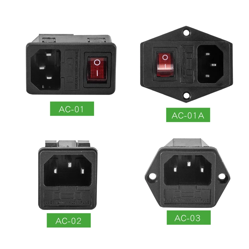 1PC 10A 250VAC 3 Pin IEC320 C14 inlet connector plug AC power socket with red lamp rocker switch 10A fuse holder