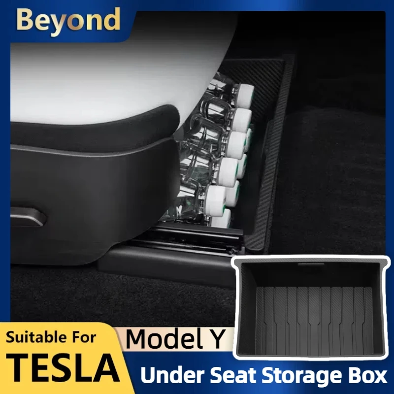 For Tesla Model Y Under Seat Storage Box 2023 TPE Carbon Fiber Pattern Under Seat Hidden Organizer Tray Car Interior Accessories