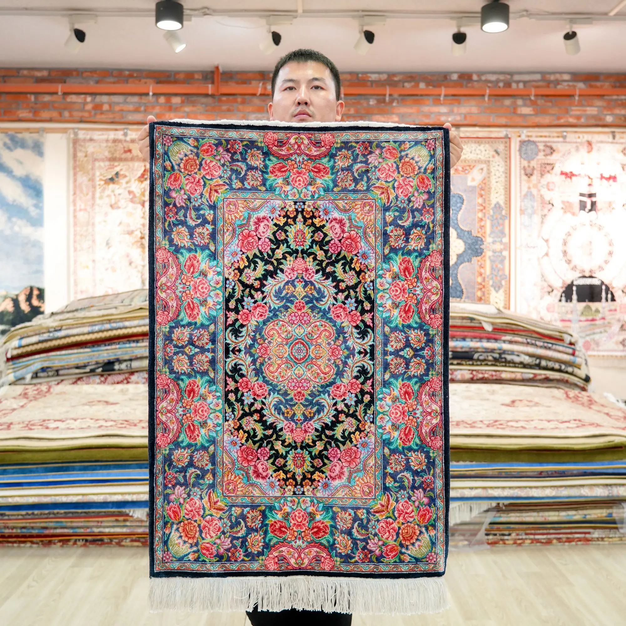 61x91cm Tabriz Silk Carpet Blue Handmade Exquisite Persian Rugs (ZSH030A)