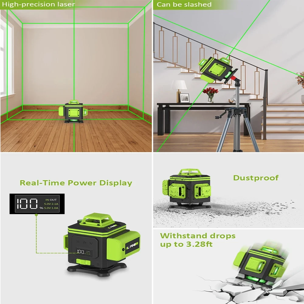 LFINE16 Lines Laser Level 4D Green Light  360° Beams Horizontal&Vertical Selfleveling High-precision Cross Line Lithium Battery