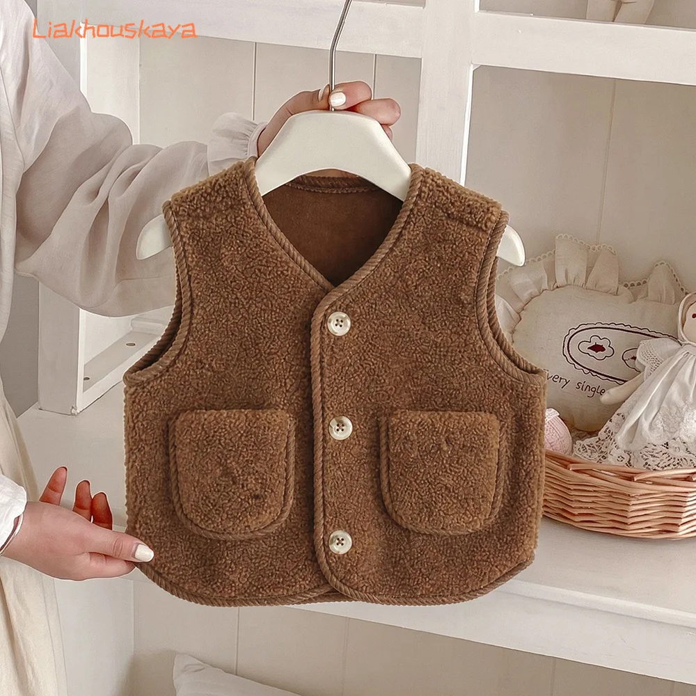 Kids Plush Vest Autumn Winter Boys Girls Loose Outerwear Waistcoat Fluffy Sleeveless Jacket All Match Layered Gilet Baby Clothes