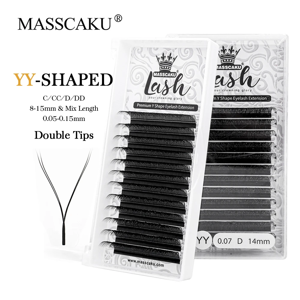 MASSCAKU 0.07mm Triple Split Tips YY Shape Hand Woven Natural Soft Light Eyelashes Extension Supplies Makeup Mesh Net Cross Lash