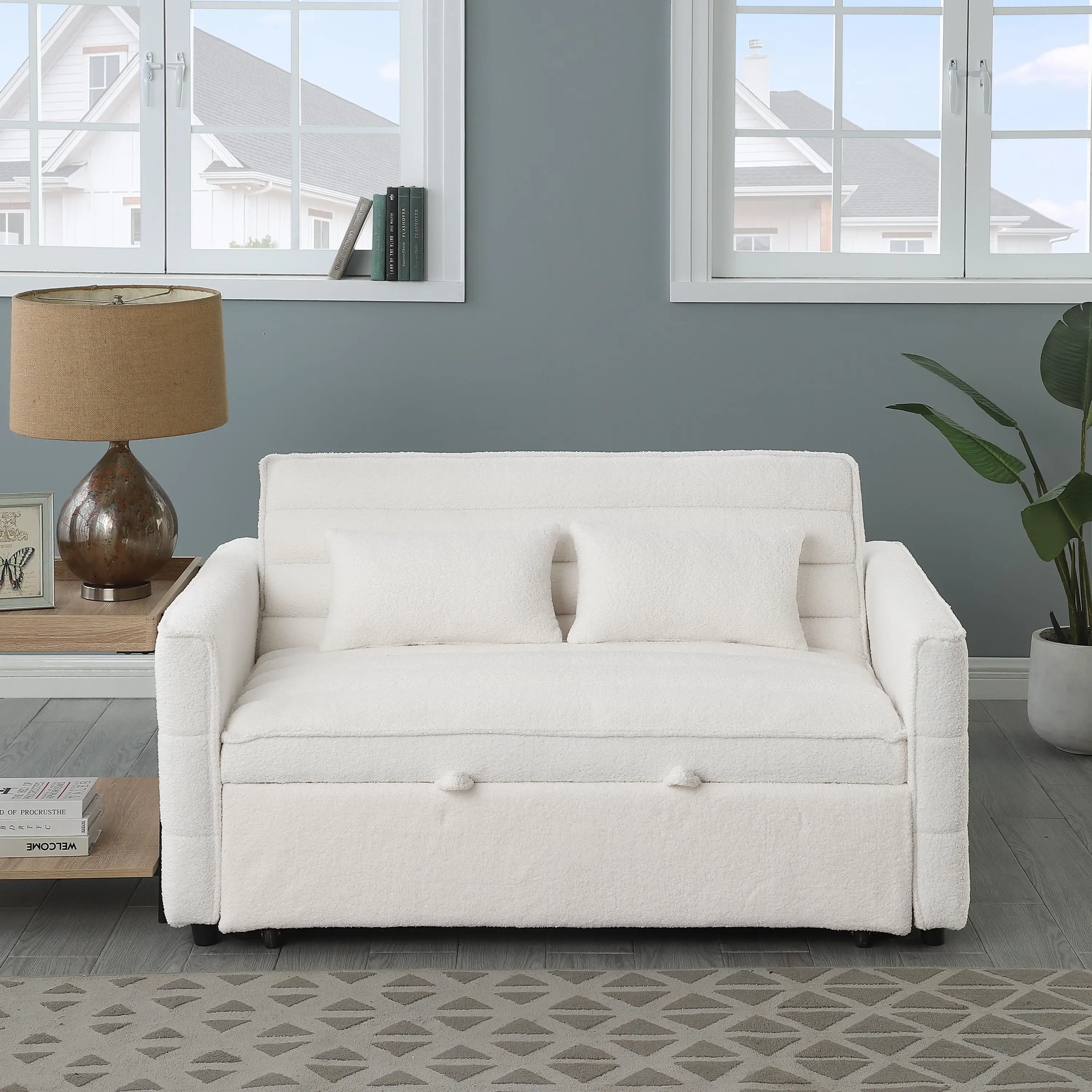 Soft Boucle convertible two-bedroom sofa with adjustable back, 2-seater sofa, pull-out bed, 2 waist pillows for small living roo image 6