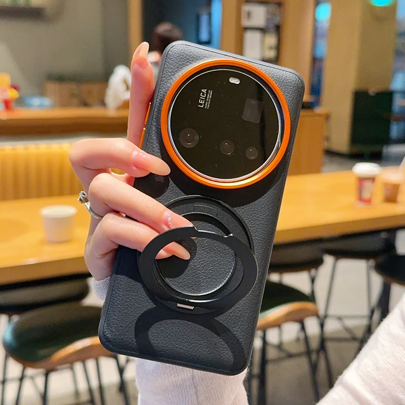 

For Xiaomi 15 Ultra 14 Ultra Case Magnetic Premium lychee Pattern Leather + Metal Finger Ring Stand Cover for Mi 15 Ultra