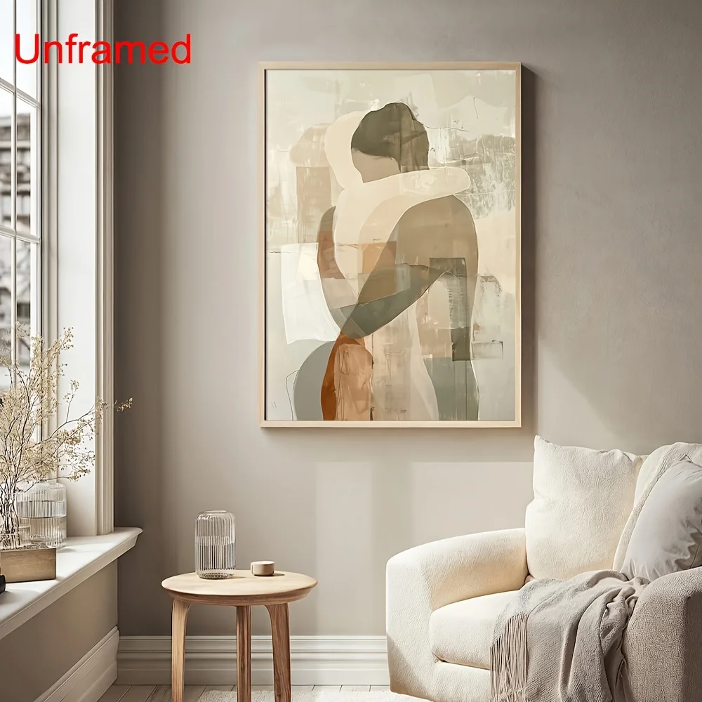Canvas Poster Featuring a Couple Embracing Japandi Abstract Romantic Trendy Wall Art Print Embodies Boho Aesthetics Wabi-Sabi