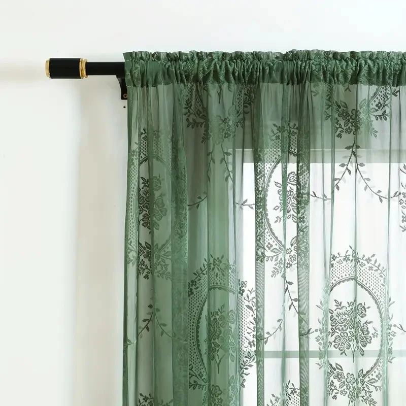 A Piece of Chinese-Style National Flower Design Lace Trim Green Curtain, Featuring a Mirror Peony Flower Design That Exudes a Sense of