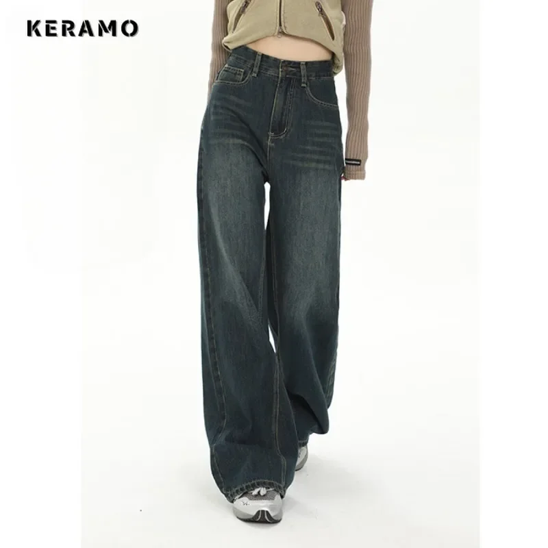 Women\'s Fashion Retro Streetwear Style Straight High Waist Jeans Full Length Vintage Pants Wide Leg Baggy Y2K Denim Trouser