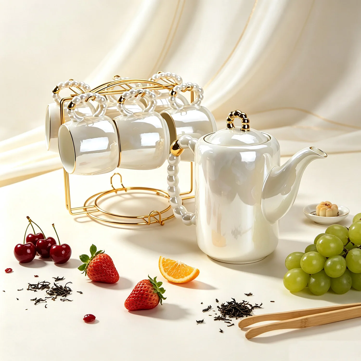 8PCS 770ml Small Pearl Handle White Ceramic Tea Set, Luxury Gold Trim Teapot & Cup Set with Rotating Lace Tray, Elegant Porcelain Tea Serving Kit for Home Decor & Gifts