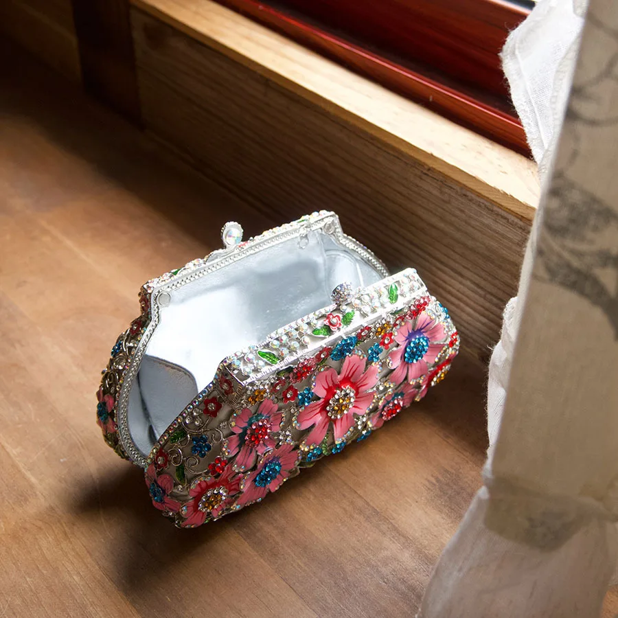 Rhinestone Colorful Enamel Flower Clutch Bag For Women French Elegant Heavy Industry Luxury Design Hollow Out Box Banquet Bags