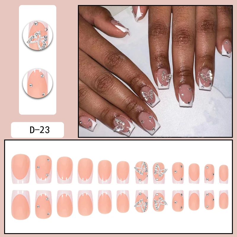 24 Pieces of Short Square French&three-dimensional Butterfly Diamond ABS Glossy Fake Nails&1 Nail File and 1 Piece of Jelly Glue