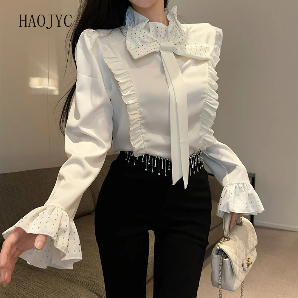 hot diamond satin shirt women's early spring bow semi-turtleneck top ruffle edge court shirt