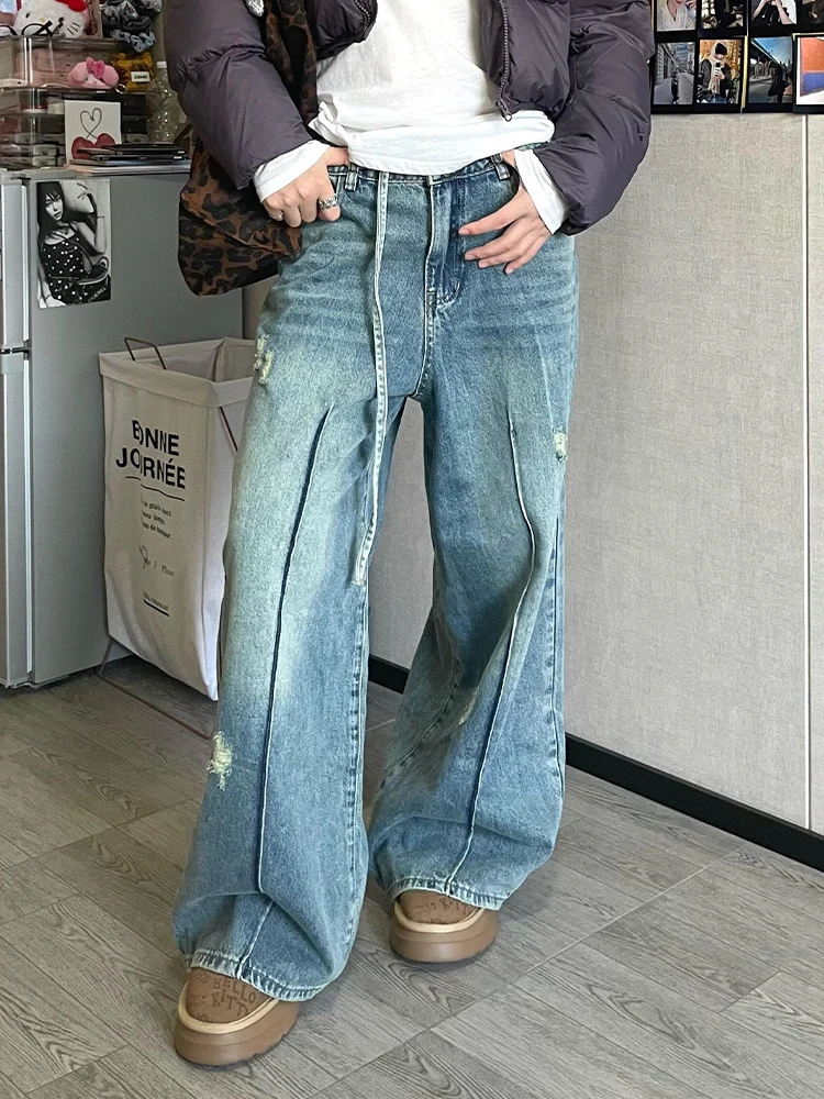 

Waed Distred High Waist Jeans Women Loose Fit Floor Length Trousers Spring New Sle Comfortable Lazy Sensation