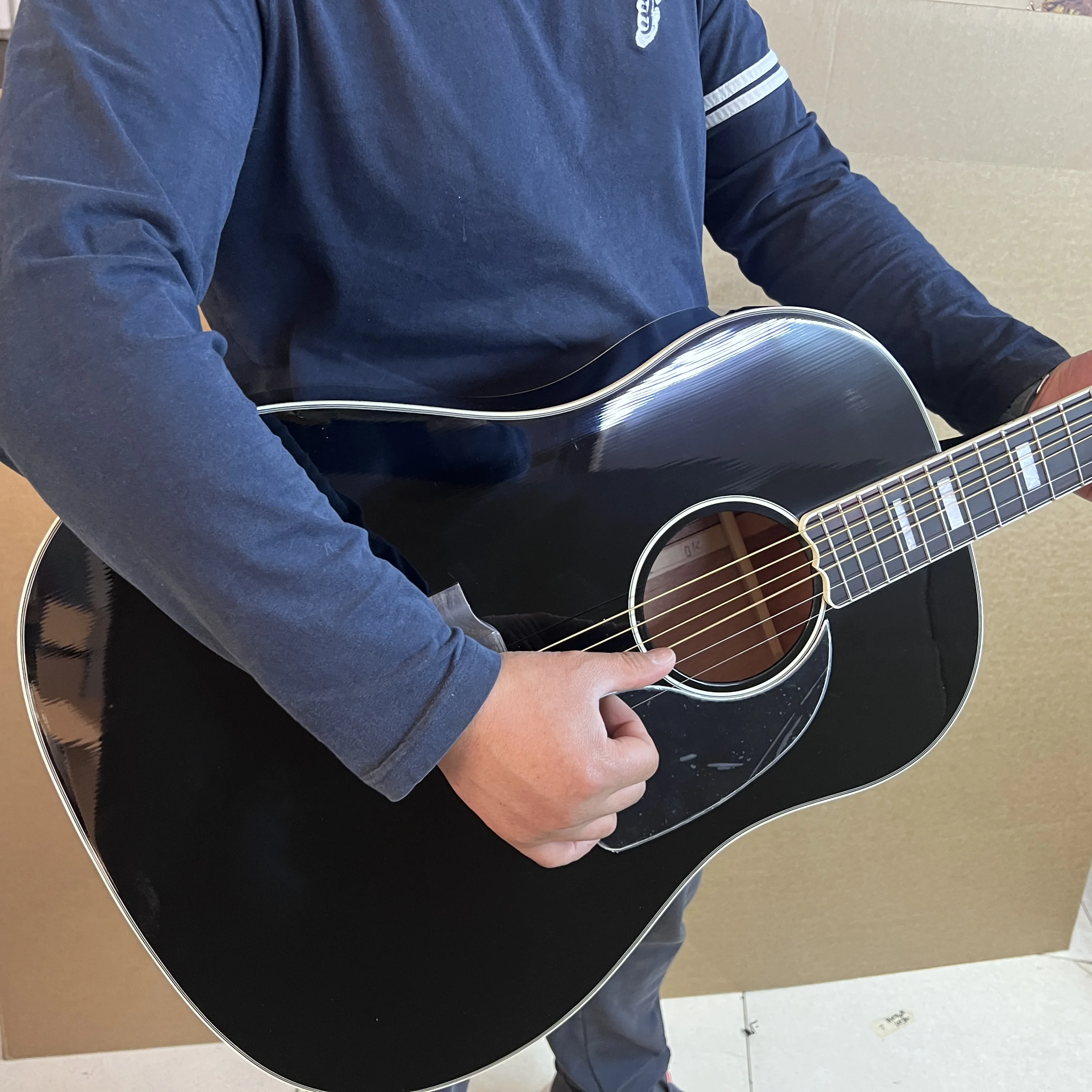 Black J Style 45 version Ebony Acoustic Guitar with Solid Spruce Top, Rosewood Back & Sides Laminate, Ebony Fretboard, Bone Nut