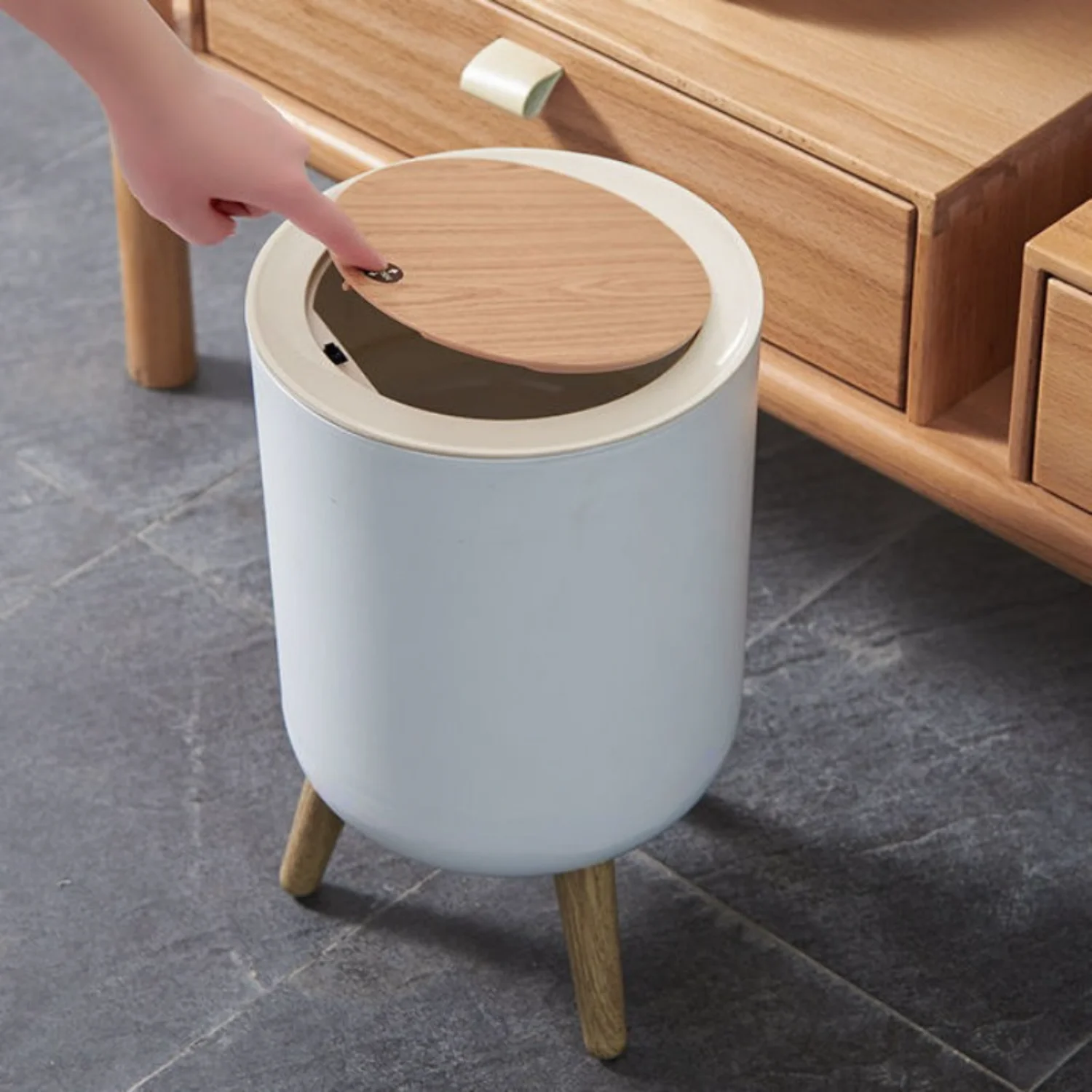 1pc Free-standing Garbage Can, Press Type Trash Can With Lid, Creative High Legged Circular Household Wastebasket,  Essential