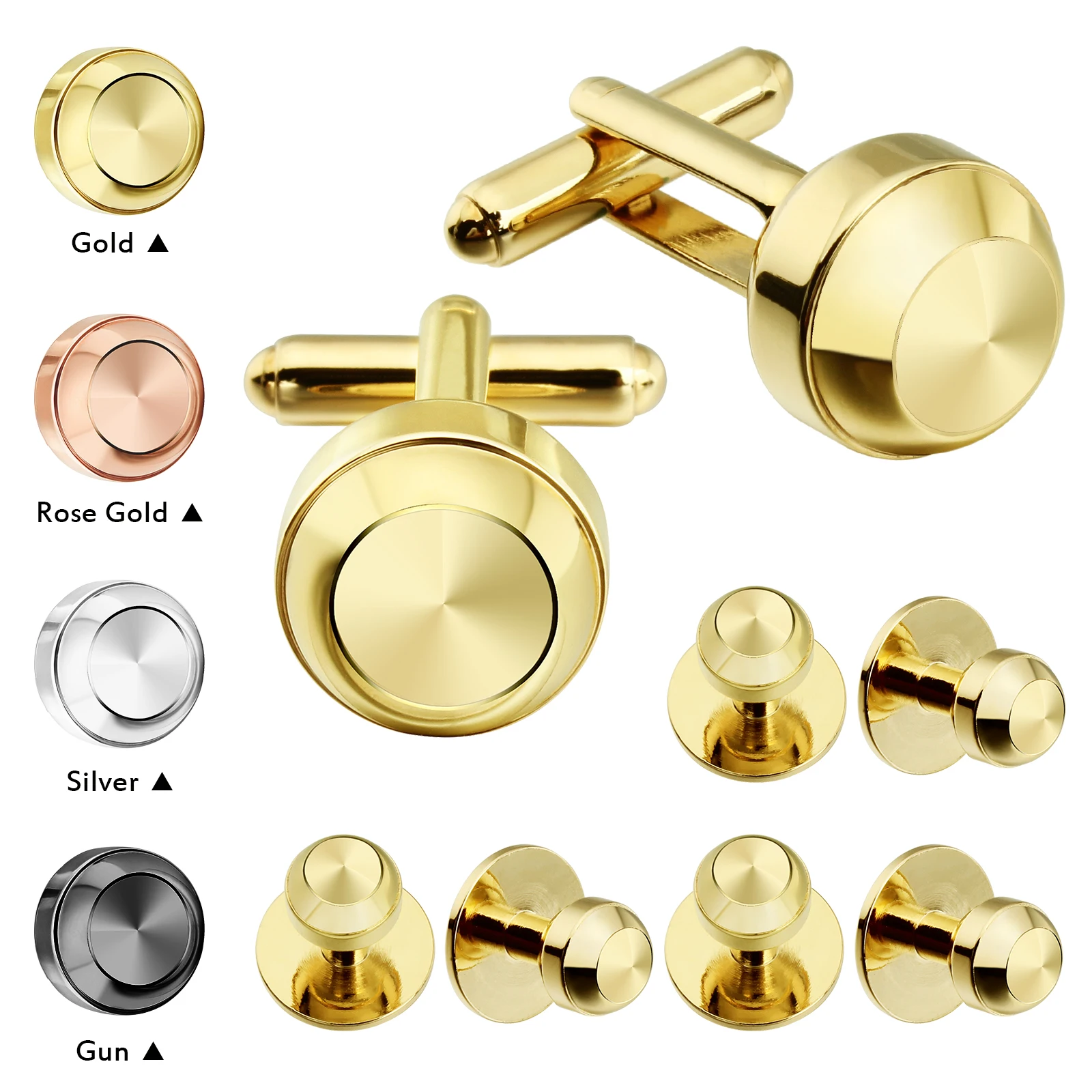 Cufflinks and Tuxedo Studs Set for Men Brass 1Pair 6Pcs Round Brushed Concentric Circle Multi‑Tone Wedding Formal Black Tie Gift